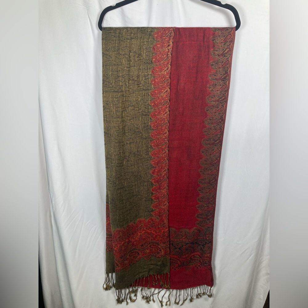 Pashmina Red and Brown Paisley Scarf 100% Pashmina - Picture 2 of 10